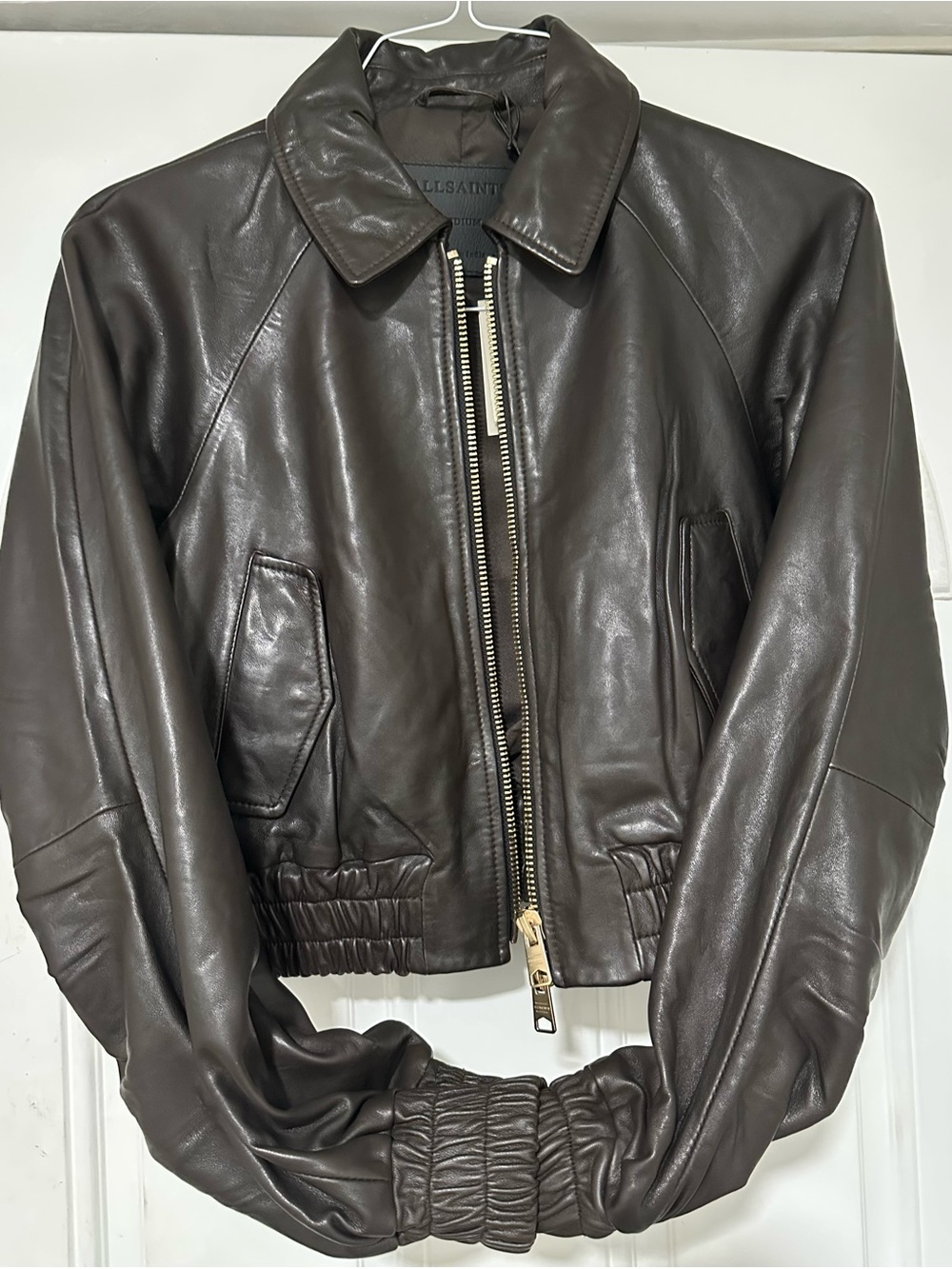 ALLSAINTS Anouk Leather Crop Bomber Jacket Bitter Brown Size M - Picture 8 of 12
